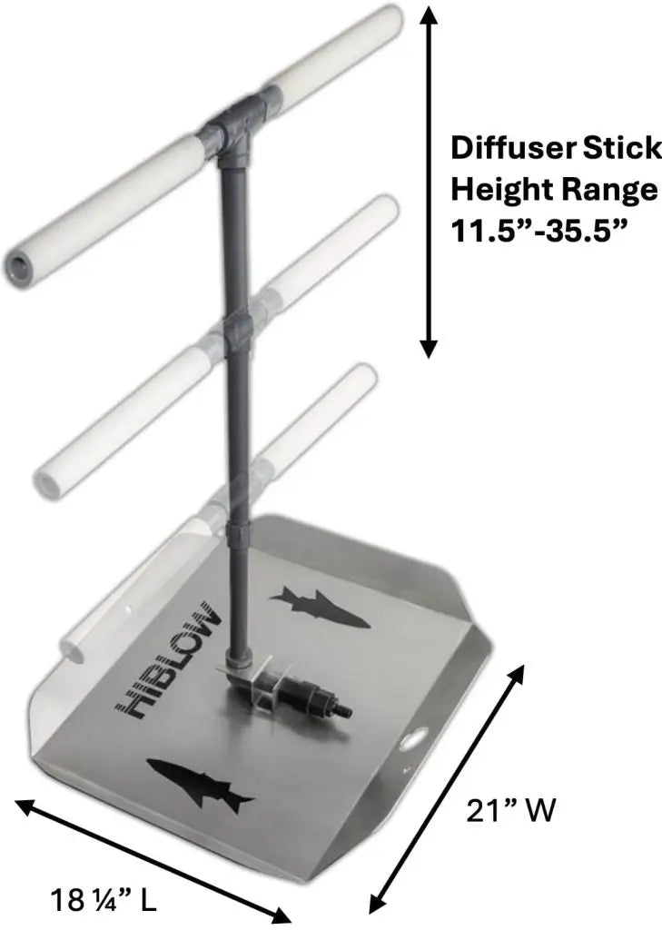 Hiblow Adjustable Height Pond Diffuser with height range and base plate dimensions