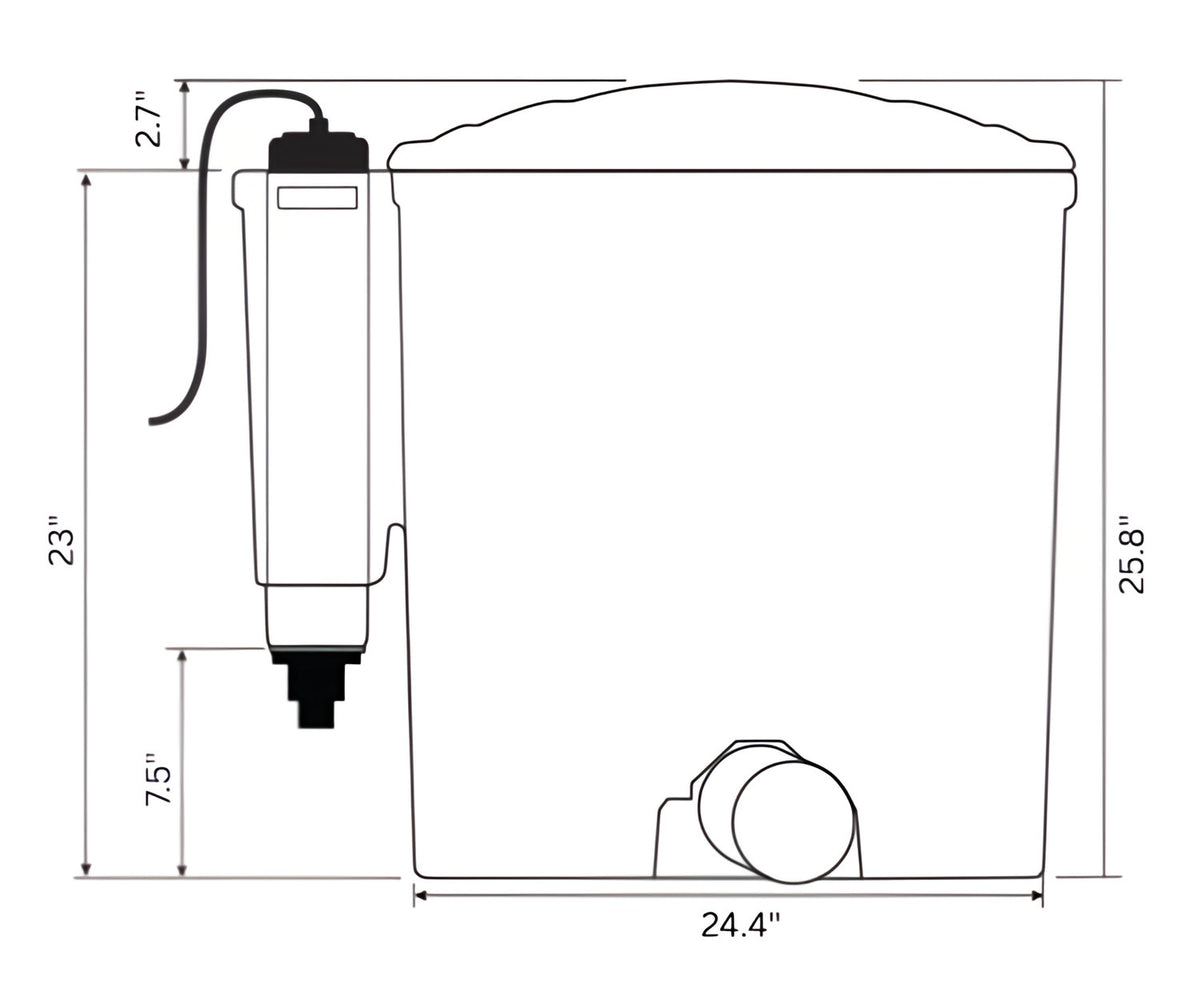Blueprint drawing of the eazy pod showing the canister filter tank’s key dimensions, with easy-to-read height and width measurements in inches for quick and accurate installation planning.