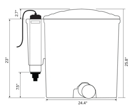 Blueprint drawing of the eazy pod showing the canister filter tank’s key dimensions, with easy-to-read height and width measurements in inches for quick and accurate installation planning.