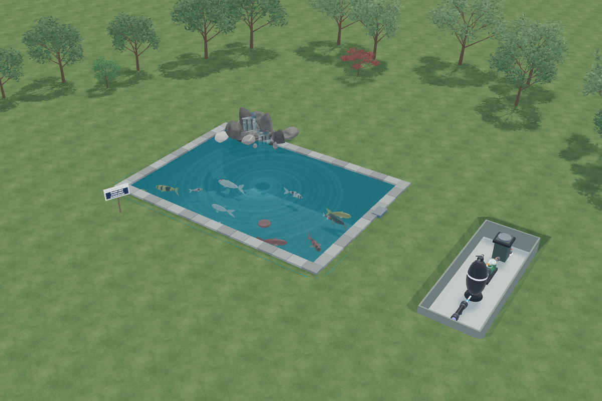 A koi pond designed with the free Play It Koi pond design tool, shown in 3D with a waterfall and equipment