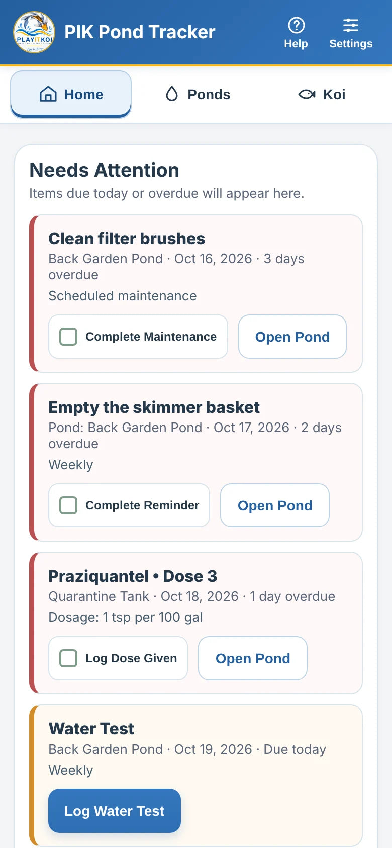 The Pond Tracker's Home screen: a filter cleaning, a skimmer basket and a treatment dose overdue, and a water test due today