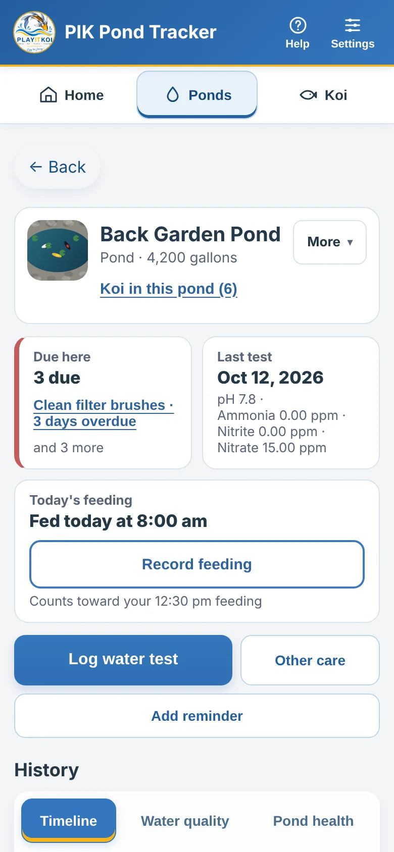 A pond's page in the Pond Tracker: 4,200 gallons, three things due, the last water test and today's feeding
